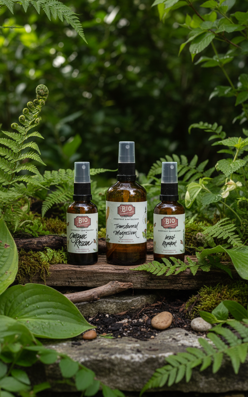 Three bottles of wellness products on a wooden platform surrounded by greenery