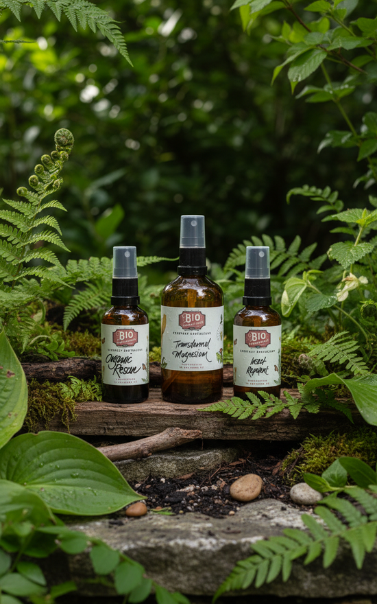 Three bottles of wellness products on a wooden platform surrounded by greenery